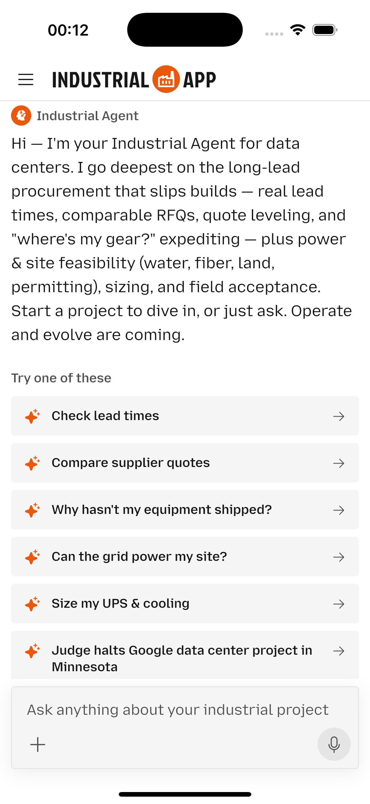 The Industrial Agent mobile app answering industrial procurement questions with cited sources.
